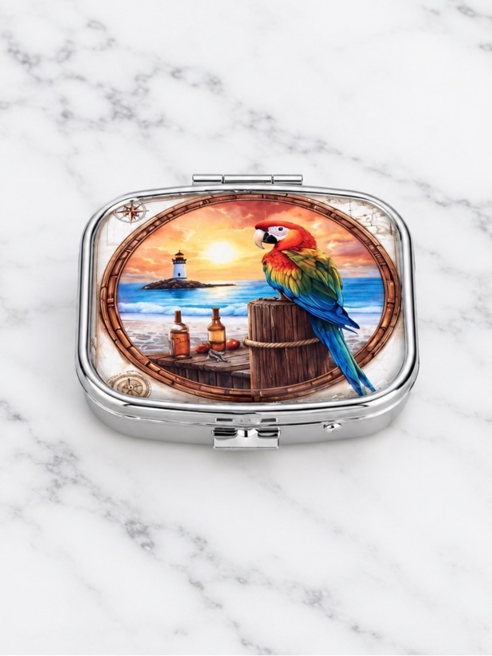 Parrot Theme Design Purse Pill Box/Travel Jewelry-Compact With Lidded Mirror